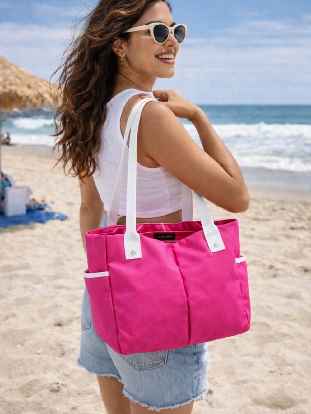 Lancôme Hot Pink Tote Bag Large Travel Beach Shopper White Handles